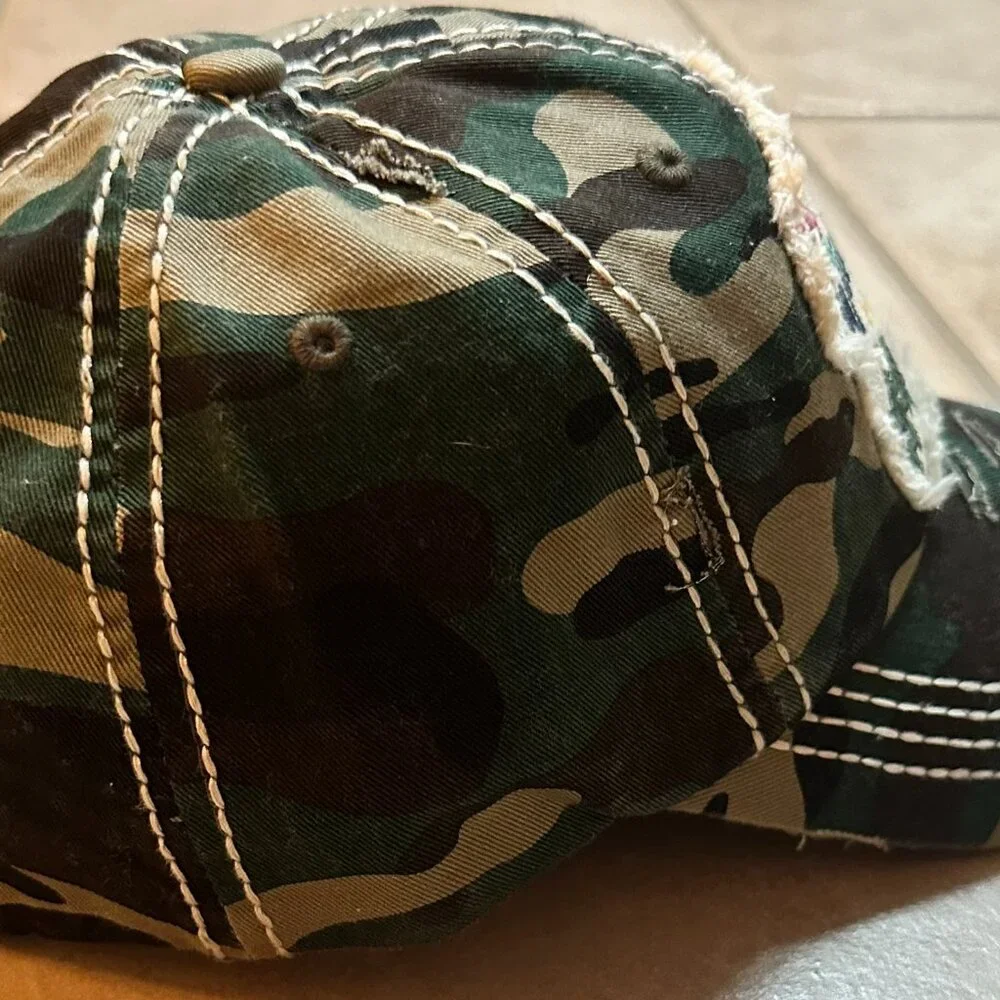 NWT Kbethos Womens Distressed Camo camping Hair don't care Baseball Cap
